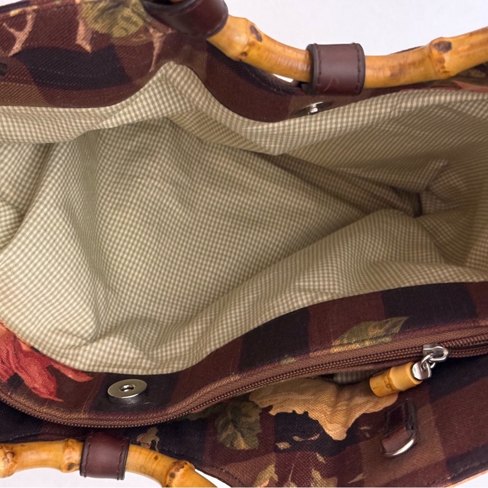 Cynthia Hart Los Angeles Floral Plaid Tote Bag Purse Bamboo Handles Gold Brown - Picture 11 of 14